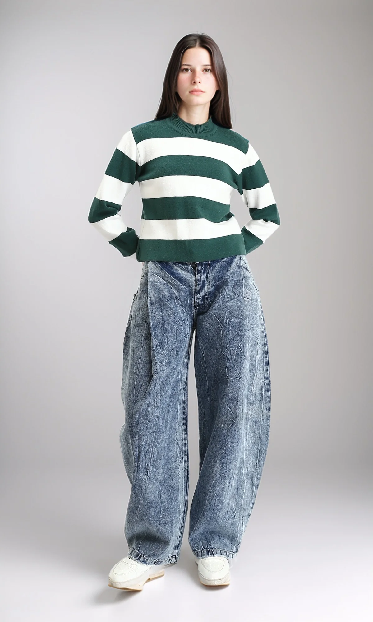 R212628 - Bi-Tone Awning Striped Pullover - Dark Green & White - Image 5