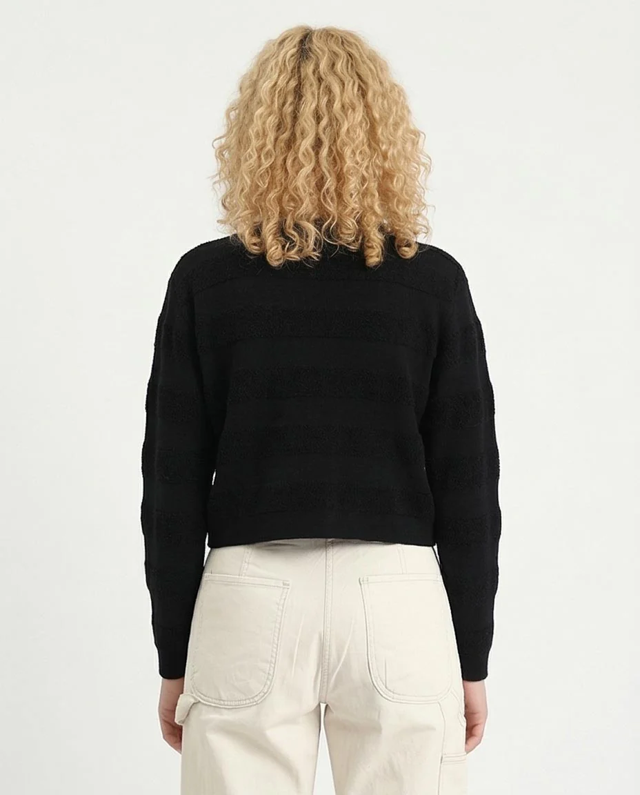 RAVIN Women’s Striped Textured Knit Button-Down Cardigan – Black - R212640 - Image 2