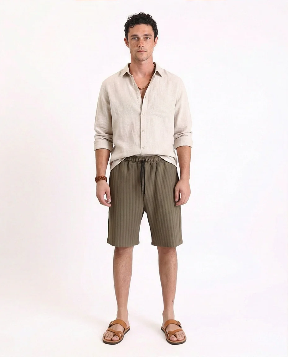 R212650 - Self Striped Slip On Summer Shorts - Khaki Green - Image 3