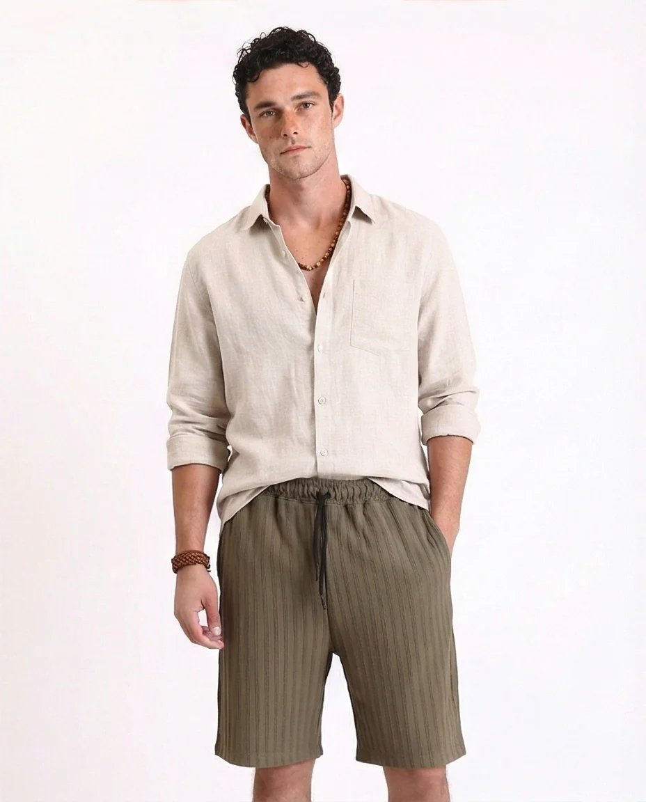 R212650 - Self Striped Slip On Summer Shorts - Khaki Green - Image 4