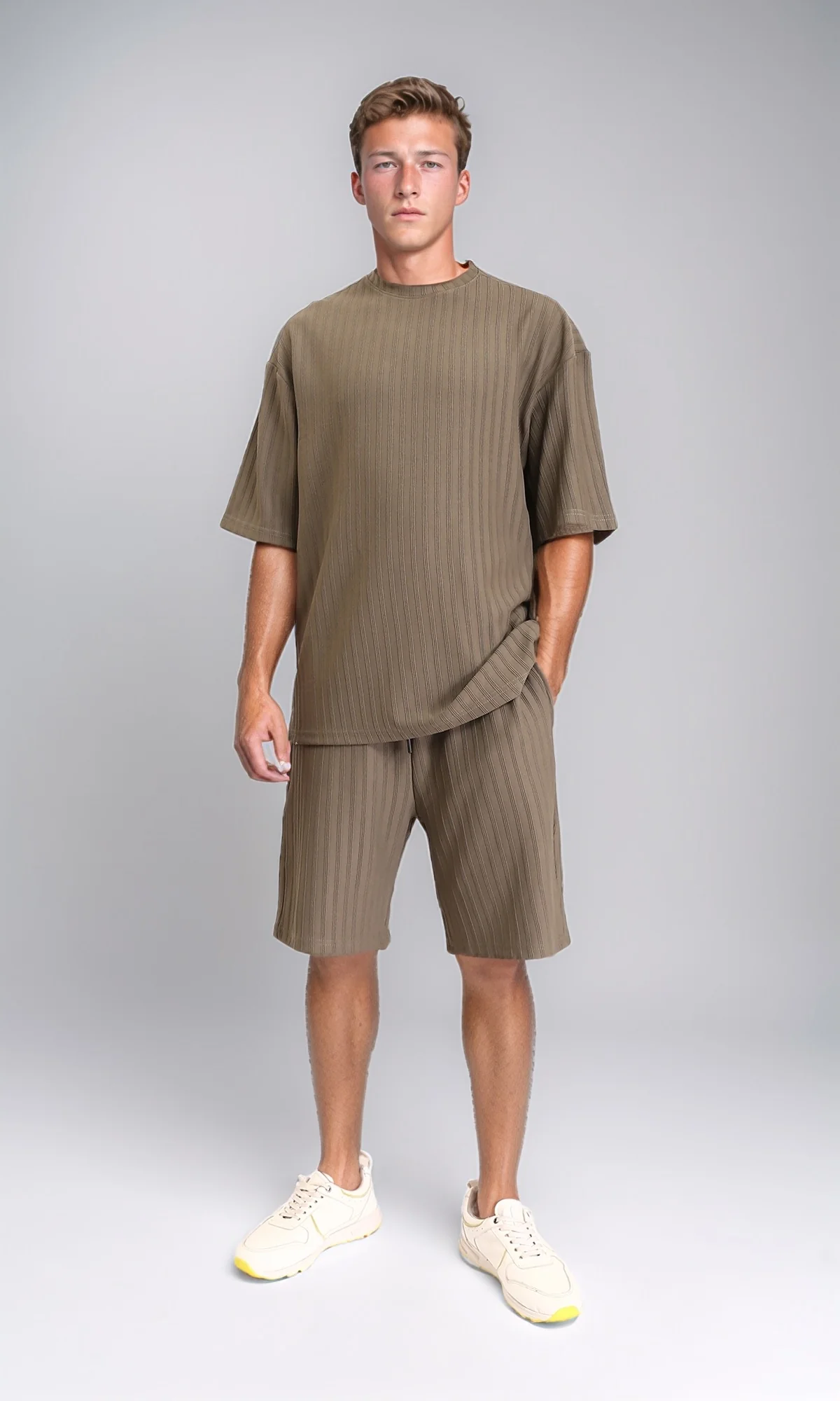 R212650 - Self Striped Slip On Summer Shorts - Khaki Green - Image 5