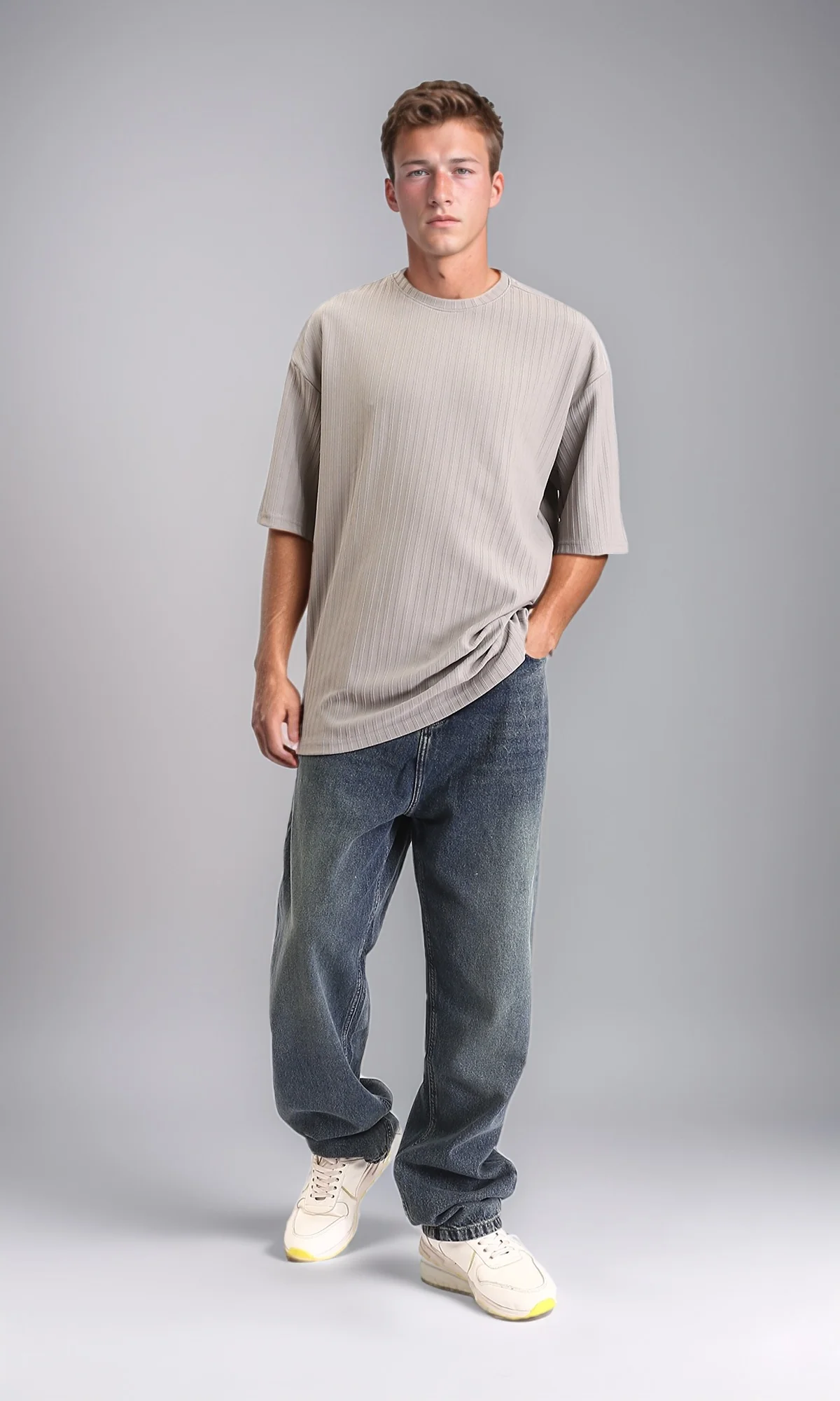 R212652 - Elbow Sleeves Striped Casual Tee - Light Grey - Image 5