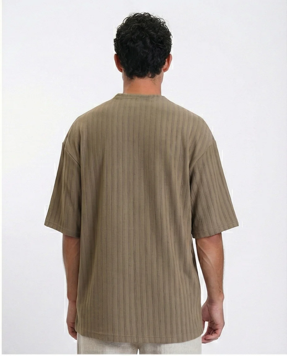 R212654 - Elbow Sleeves Striped Casual Tee - Dark Khaki - Image 2