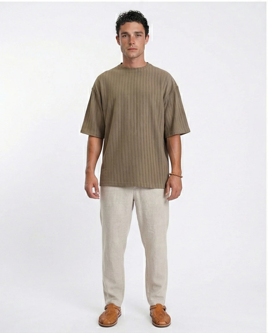 R212654 - Elbow Sleeves Striped Casual Tee - Dark Khaki - Image 4