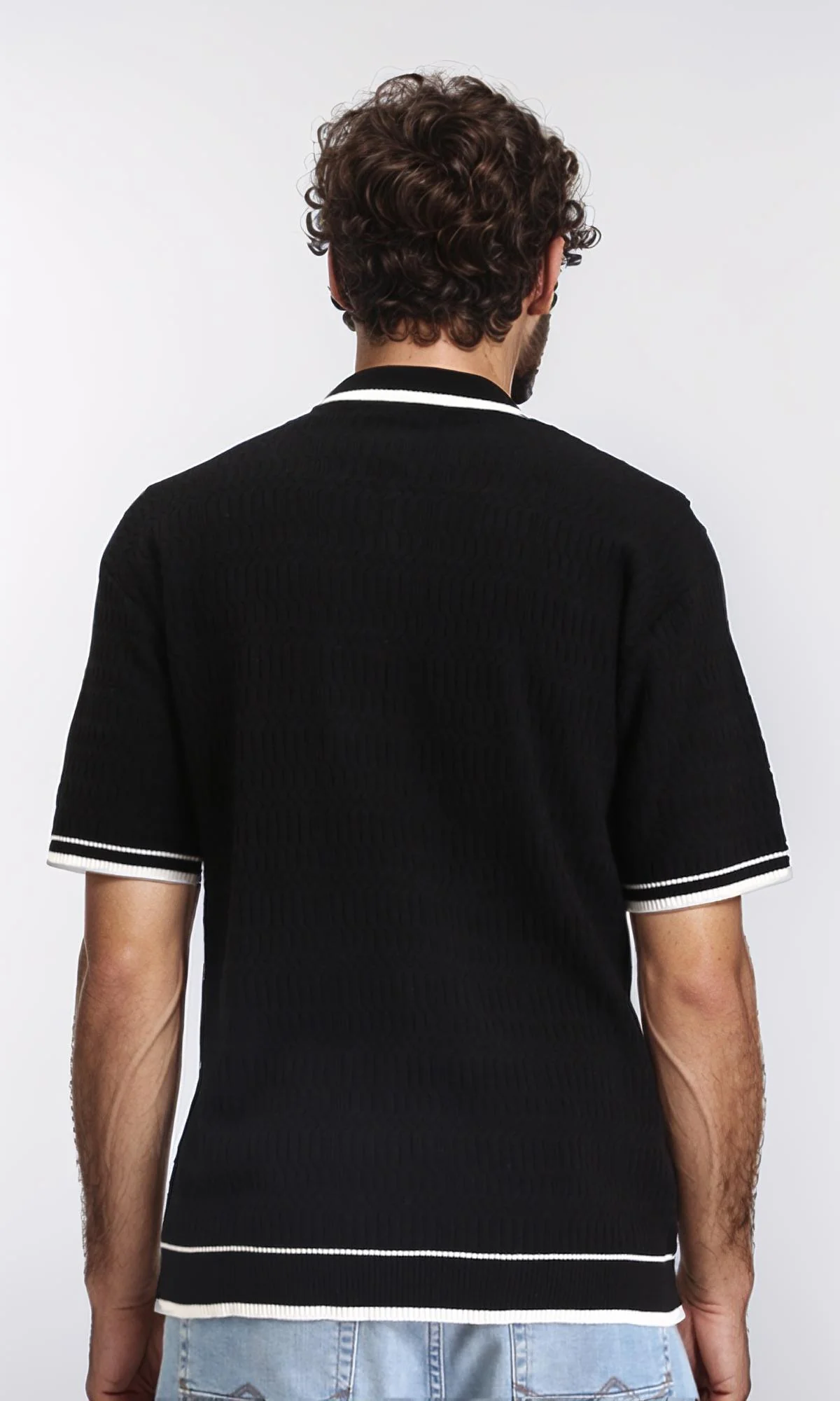 R213024 - Elbow Sleeves Zipped Polo Shirt - Black - Image 2