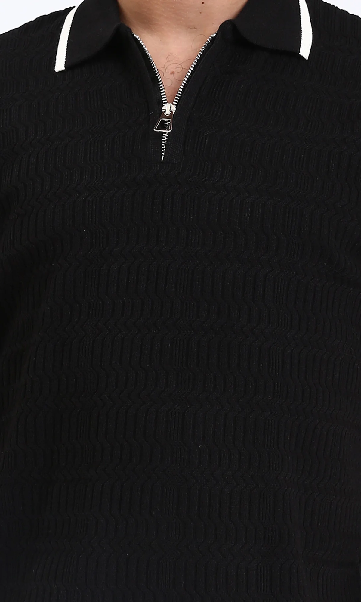 R213024 - Elbow Sleeves Zipped Polo Shirt - Black - Image 3