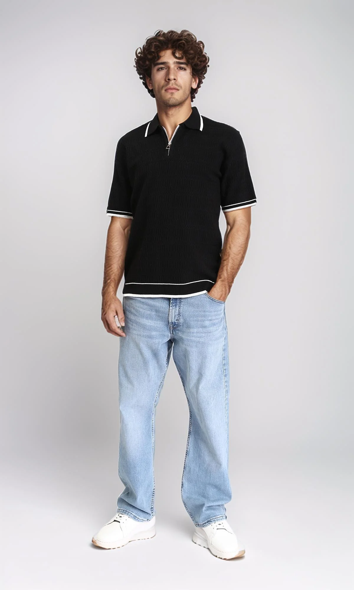 R213024 - Elbow Sleeves Zipped Polo Shirt - Black - Image 4