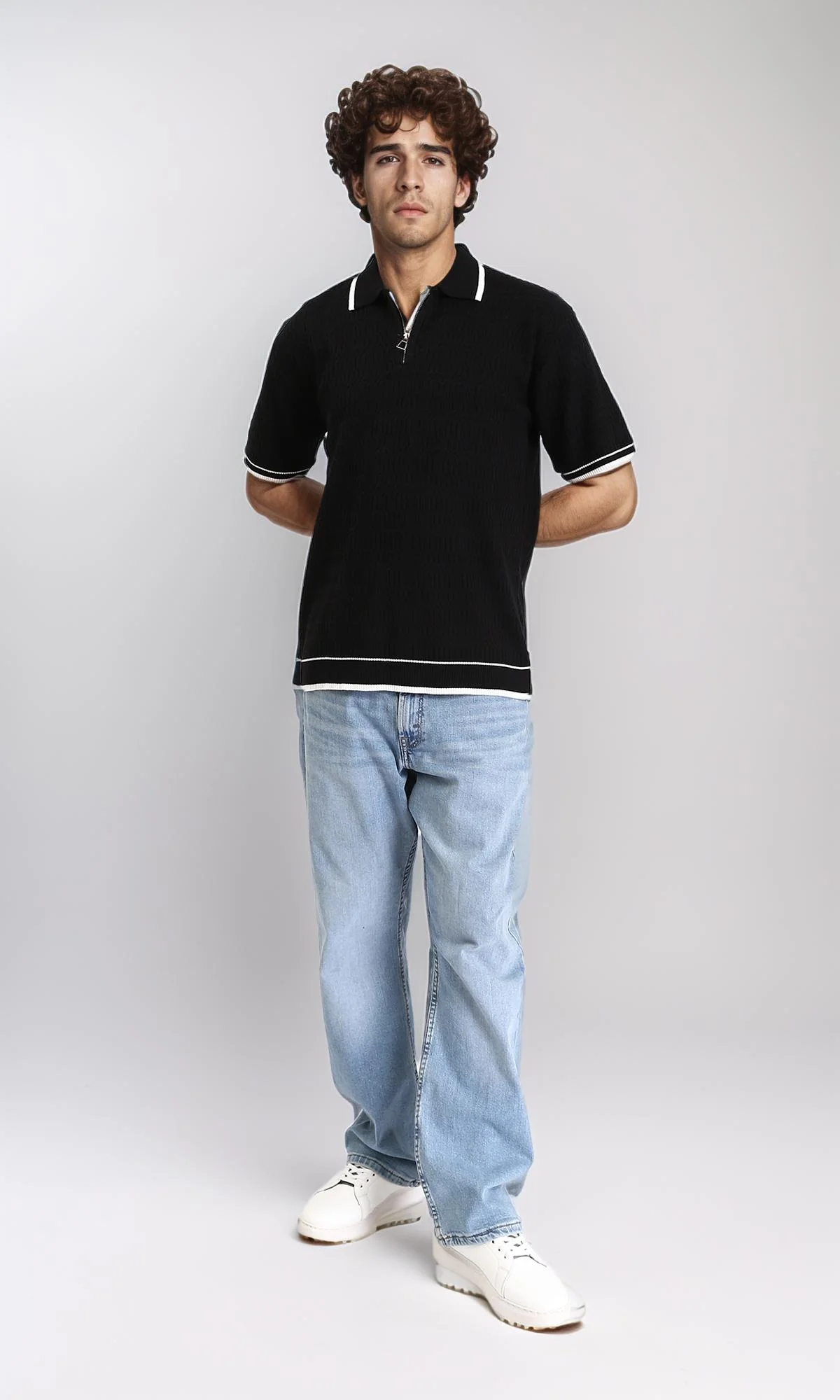 R213024 - Elbow Sleeves Zipped Polo Shirt - Black - Image 5