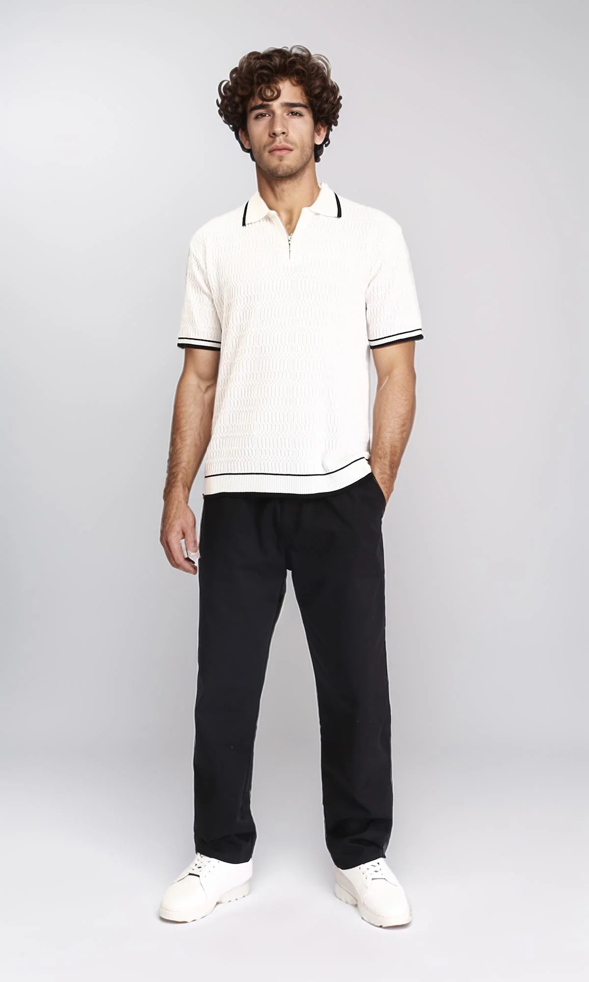R213025 - Elbow Sleeves Zipped Polo Shirt - Off-White - Image 4