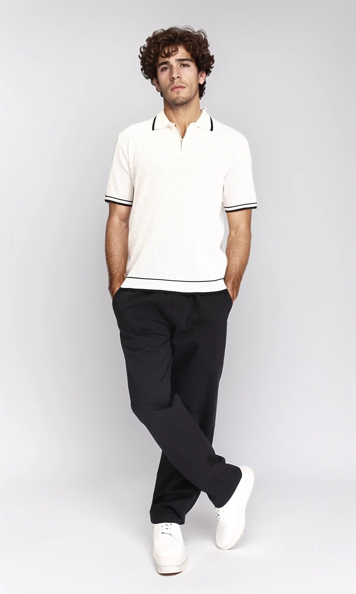 R213025 - Elbow Sleeves Zipped Polo Shirt - Off-White - Image 5