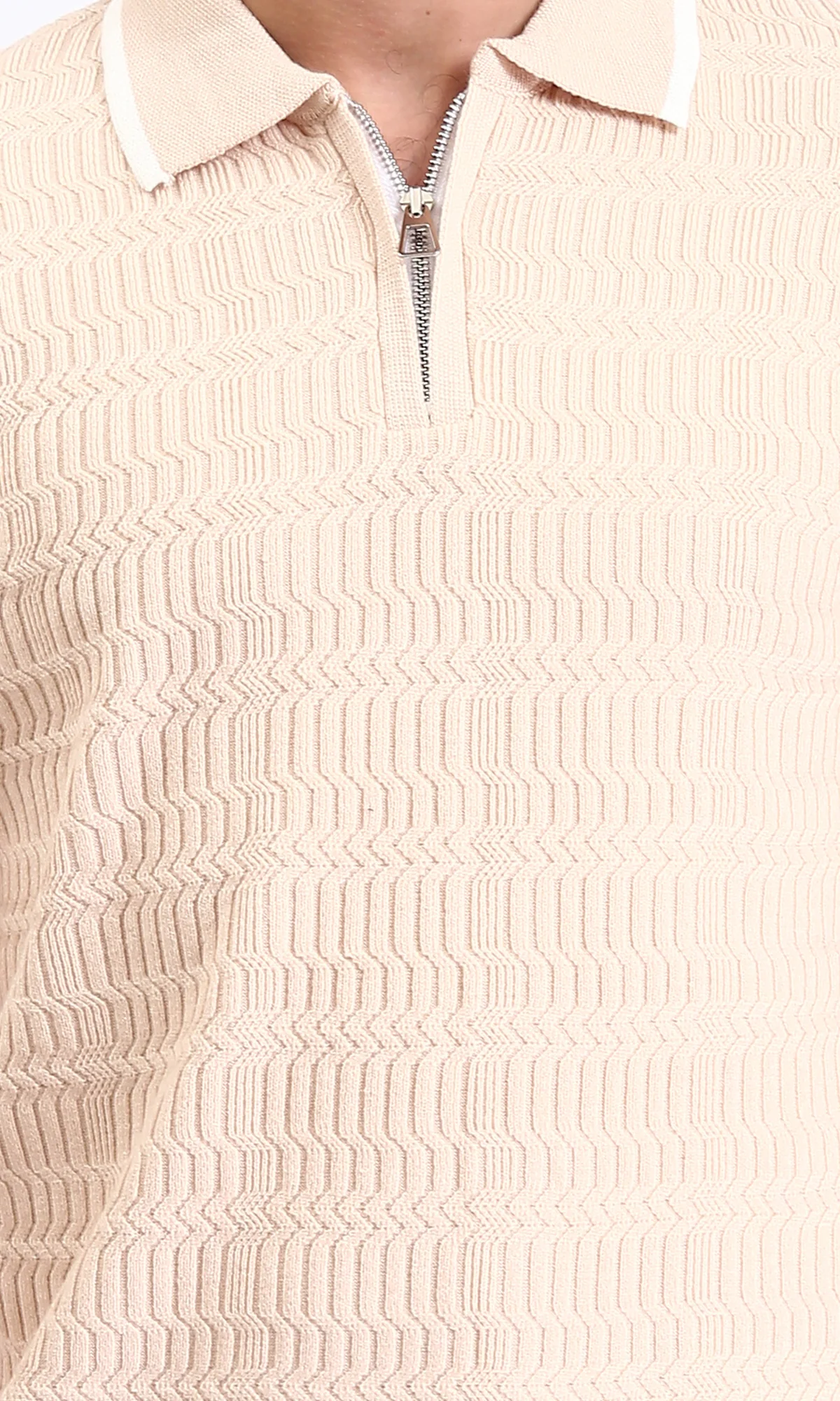 R213027 - Elbow Sleeves Zipped Polo Shirt - Nude - Image 3