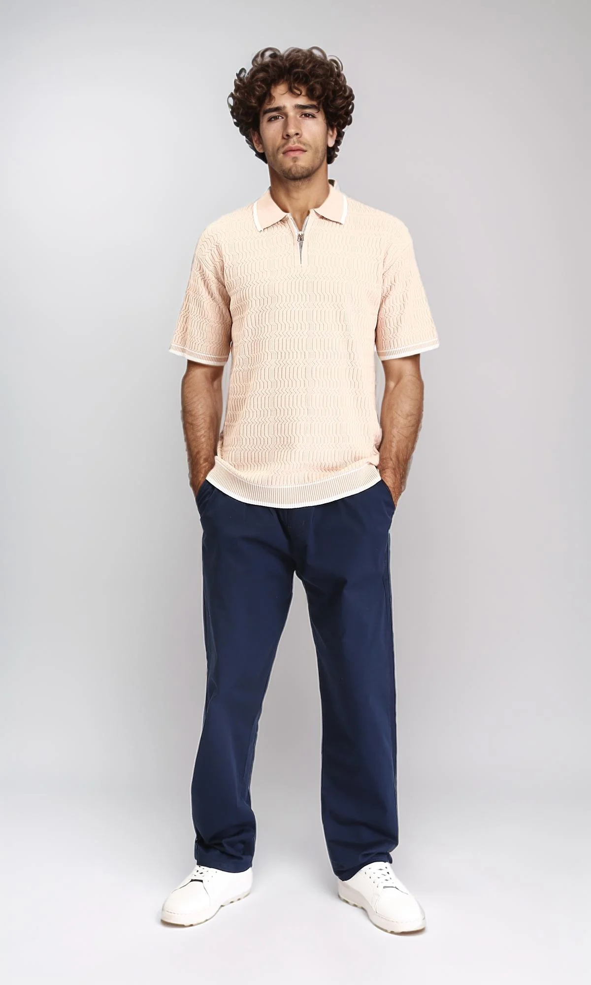 R213027 - Elbow Sleeves Zipped Polo Shirt - Nude - Image 4