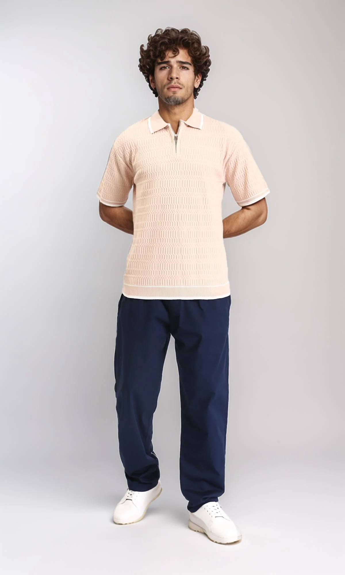 R213027 - Elbow Sleeves Zipped Polo Shirt - Nude - Image 5