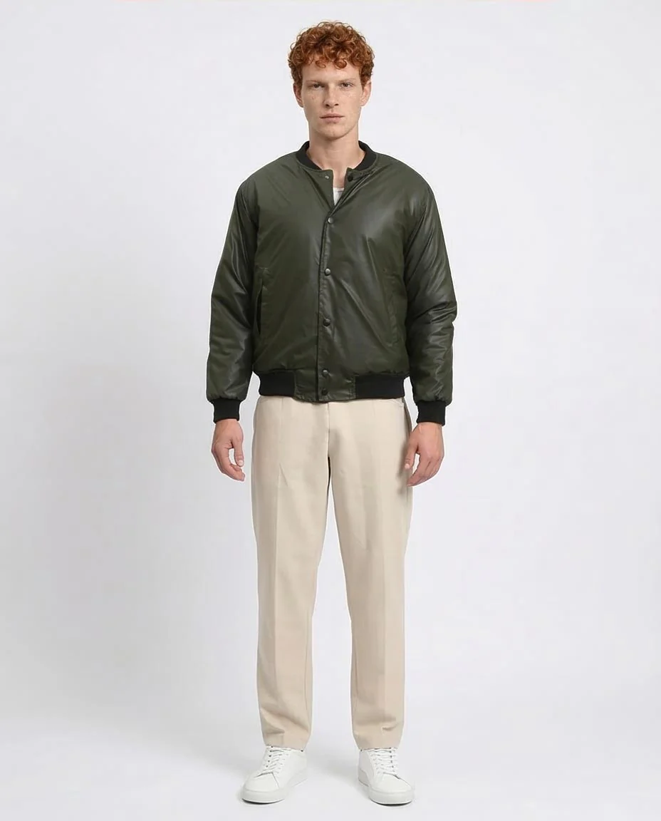 R213115 - Solid Bomber Jacket with Striped Hem - Dark Khaki - Image 3