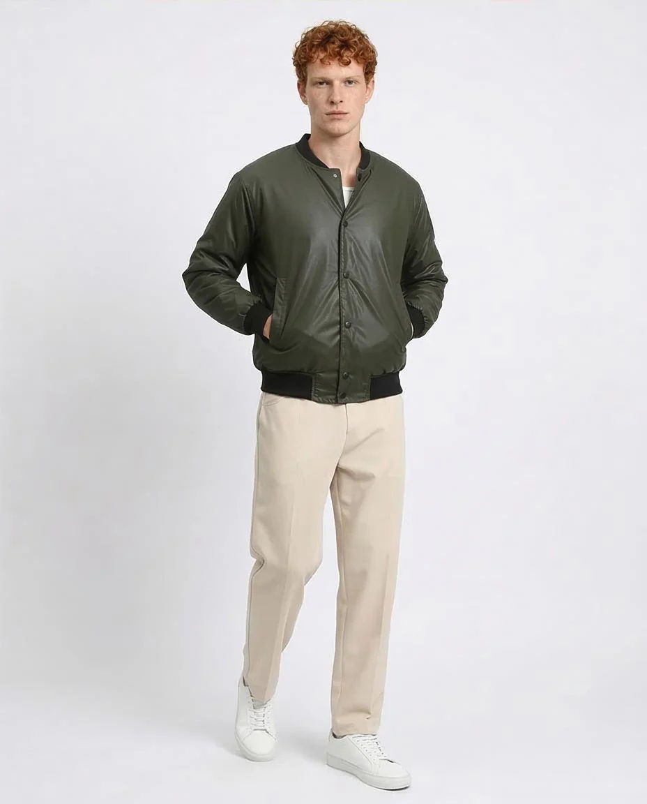 R213115 - Solid Bomber Jacket with Striped Hem - Dark Khaki - Image 5