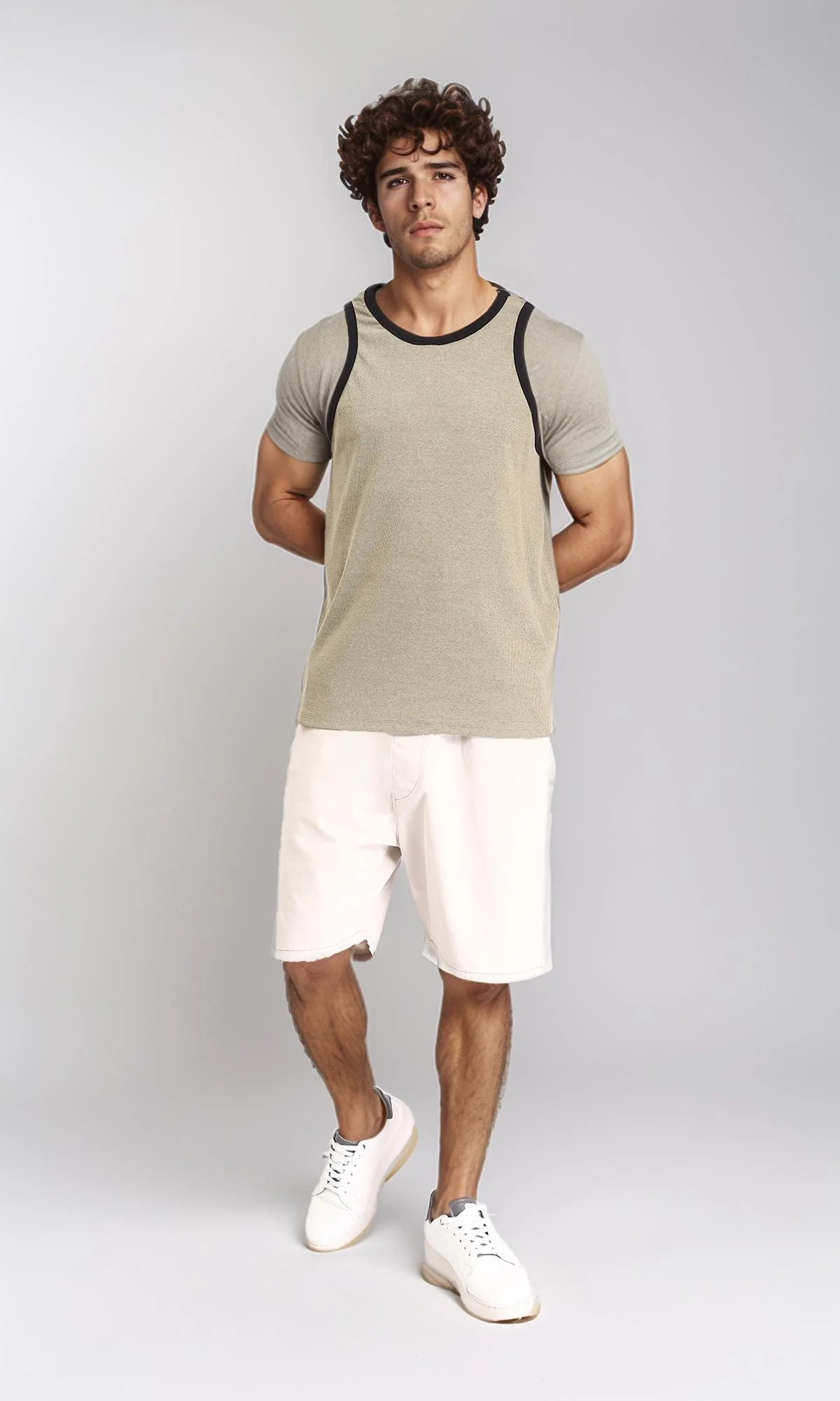 R213140 - Solid Pattern Slip On Casual Shorts - Beige - Image 5