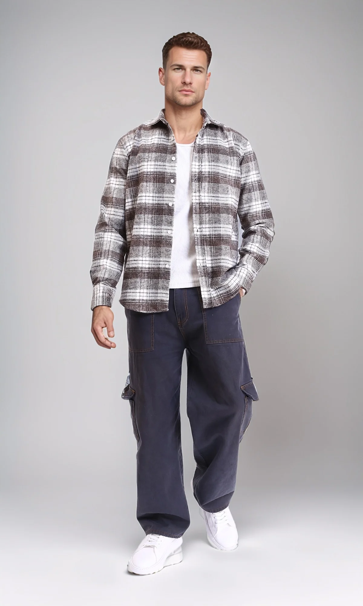 R213200 - Casual Buttons Down Tartan Shirt - Coffee & White - Image 3