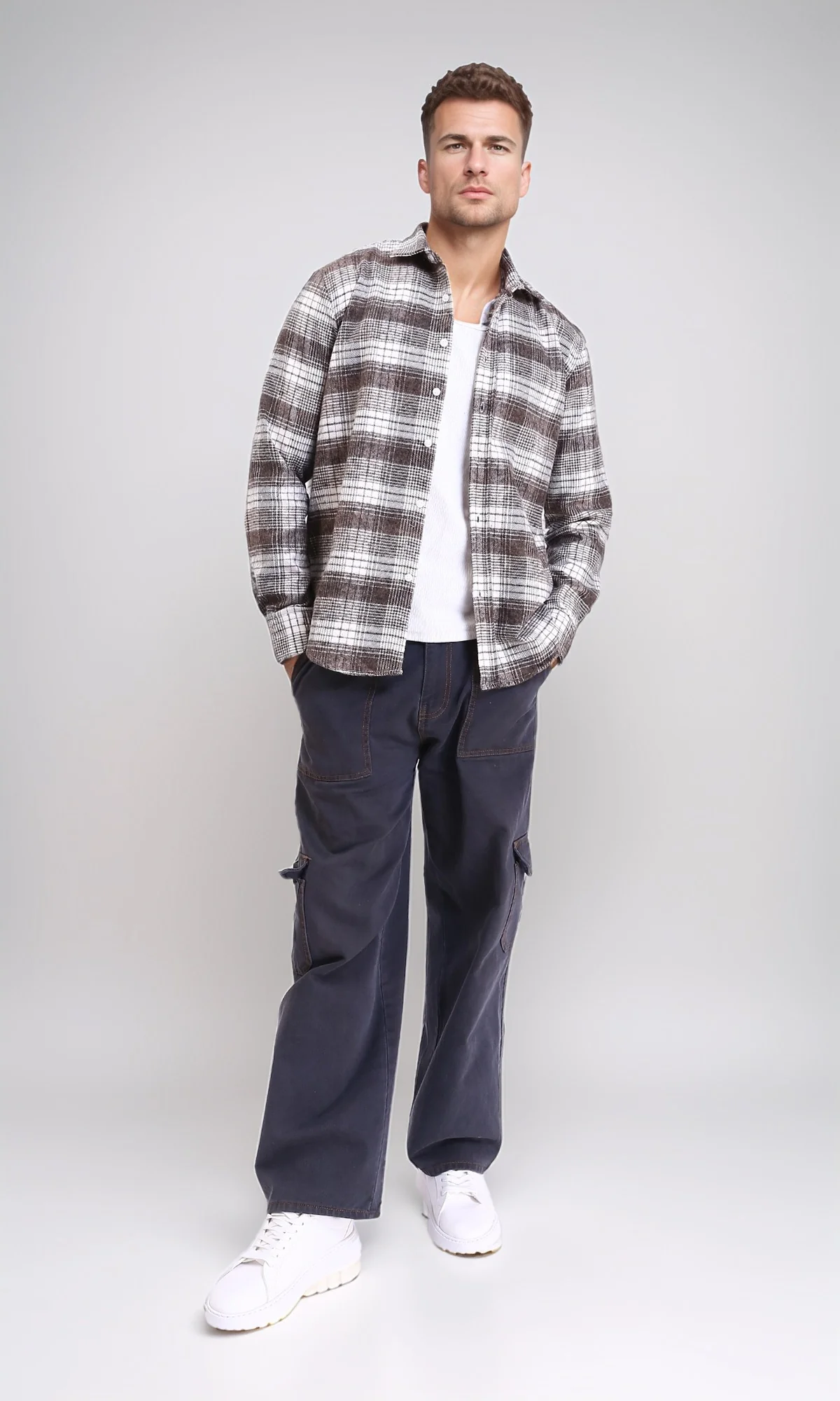 R213200 - Casual Buttons Down Tartan Shirt - Coffee & White - Image 4