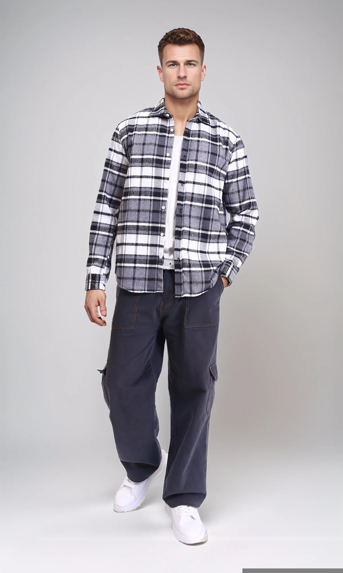 R213201 - Long Sleeves Casual Tartan Shirt - Grey & White - Image 4