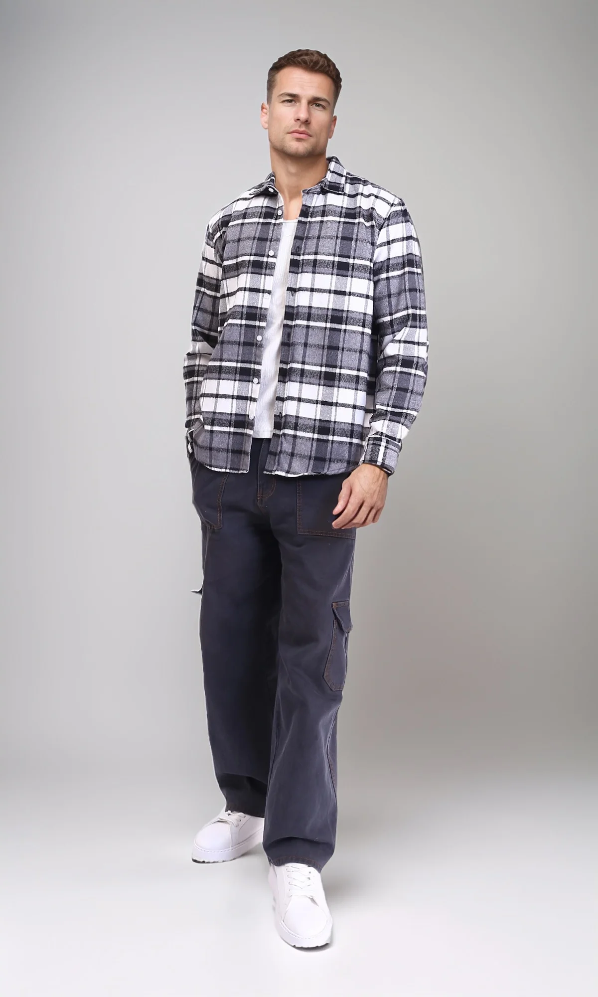 R213201 - Long Sleeves Casual Tartan Shirt - Grey & White - Image 5