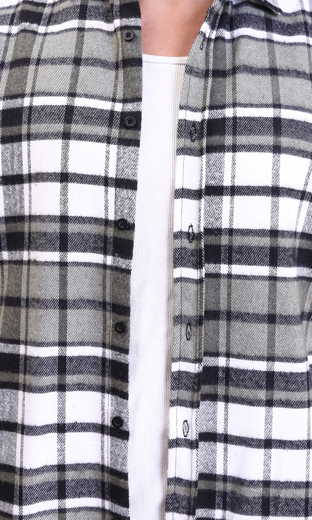 R213202 - Long Sleeves Casual Tartan Shirt - Olive & White - Image 3
