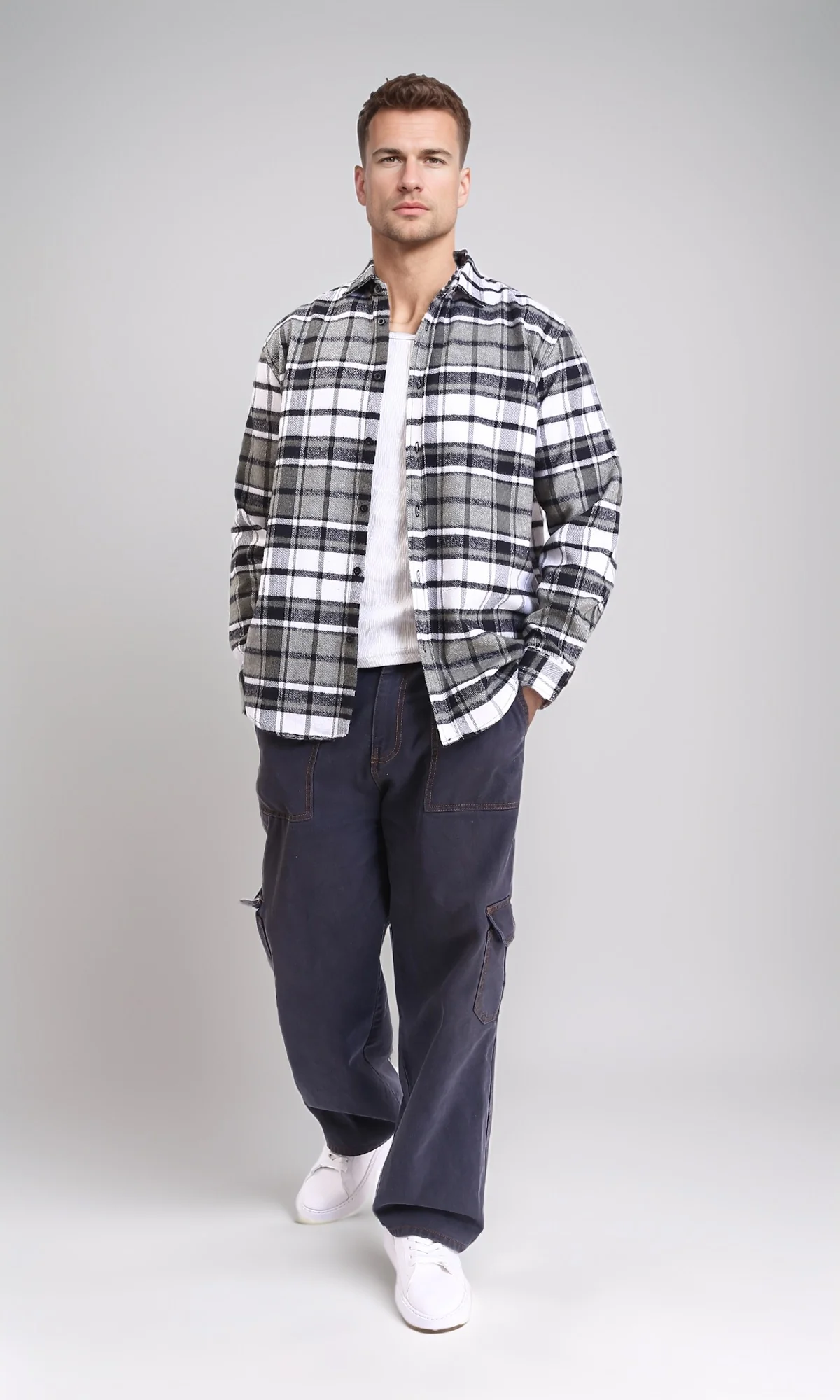 R213202 - Long Sleeves Casual Tartan Shirt - Olive & White - Image 4