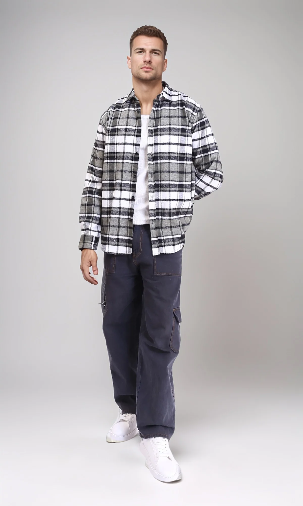 R213202 - Long Sleeves Casual Tartan Shirt - Olive & White - Image 5