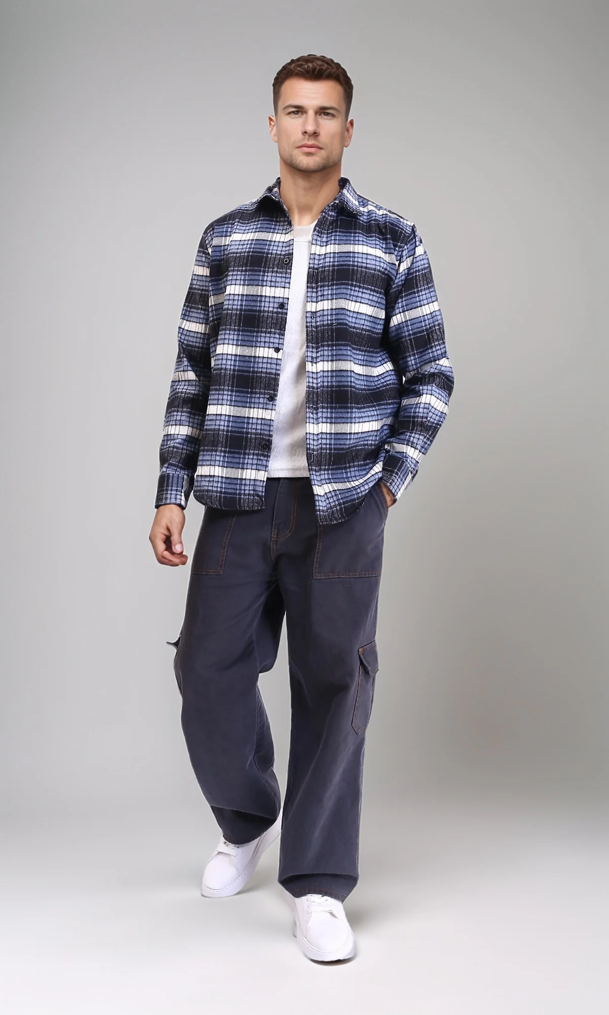 R213203 - Buttoned Long Sleeves Tartan Shirt - Light Blue & Black - Image 4