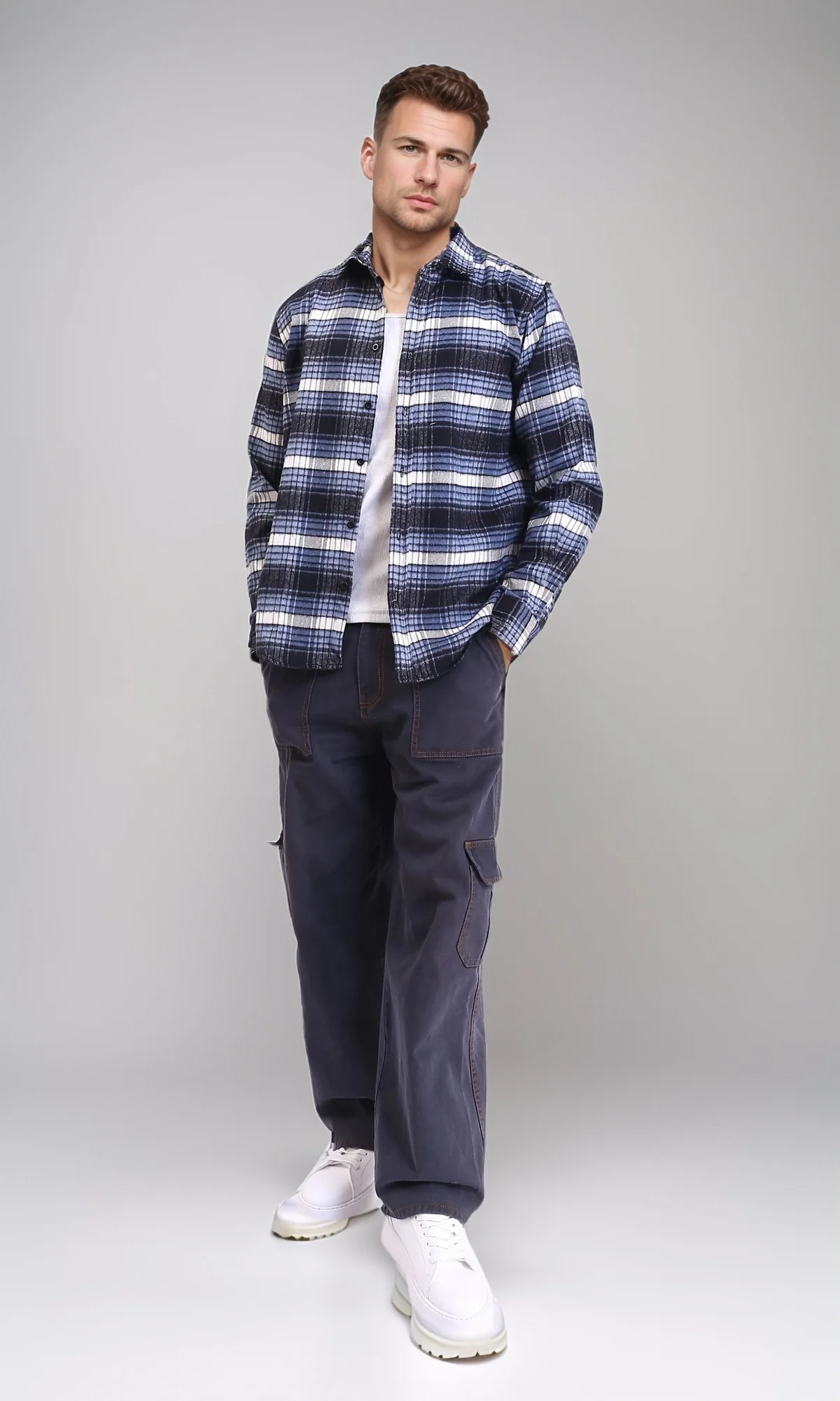 R213203 - Buttoned Long Sleeves Tartan Shirt - Light Blue & Black - Image 5