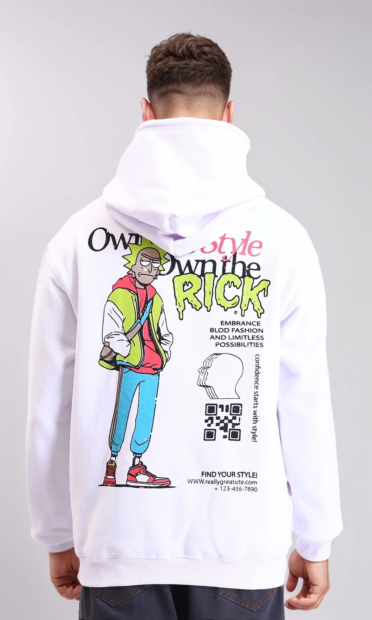 R213294 - Drawstring Hooded Neck Printed Hoodie - White - Image 2