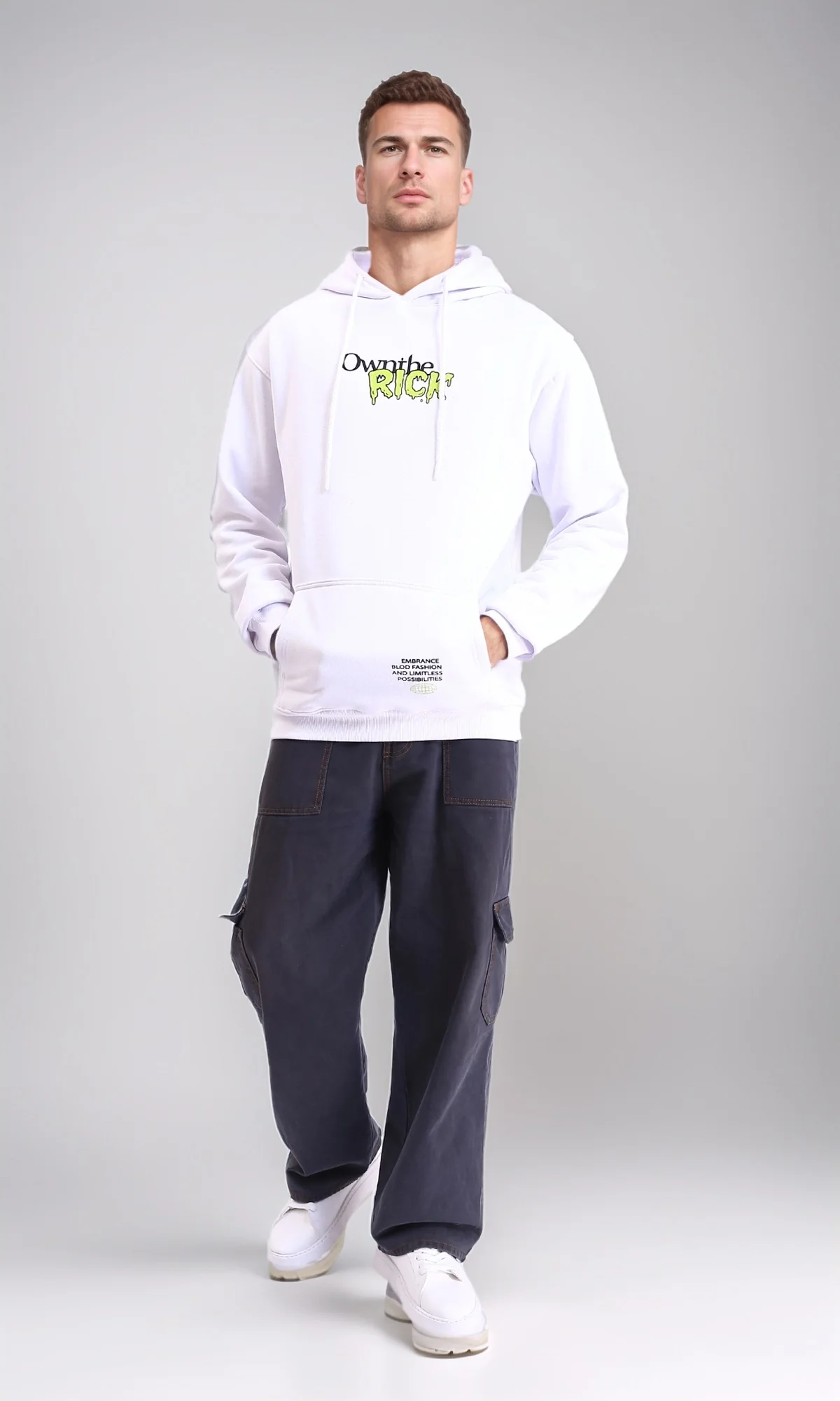 R213294 - Drawstring Hooded Neck Printed Hoodie - White - Image 4