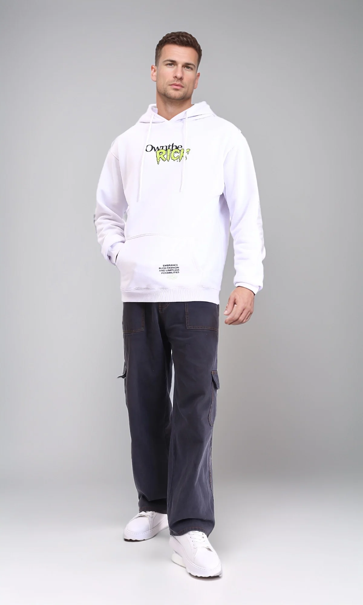 R213294 - Drawstring Hooded Neck Printed Hoodie - White - Image 5