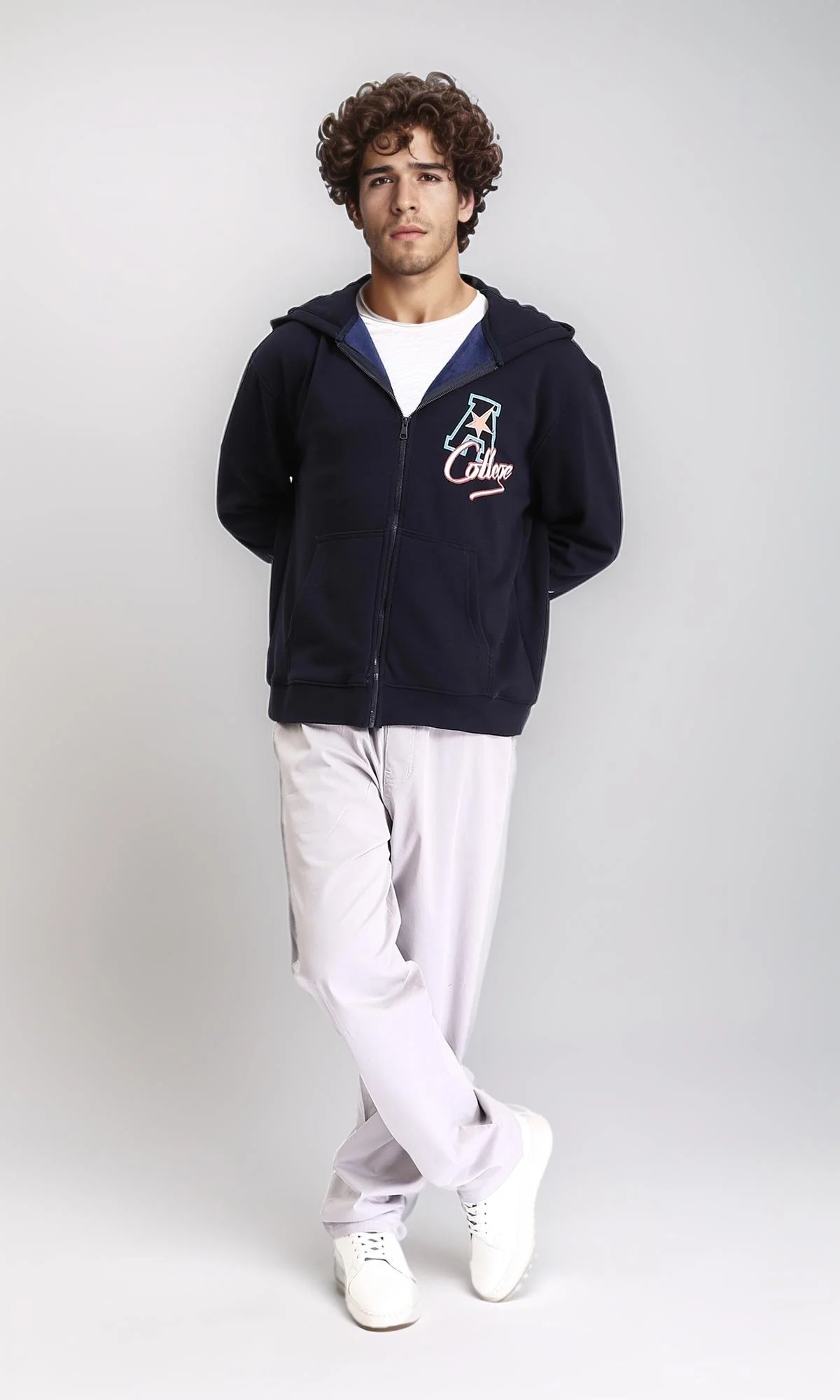 R213575 - Regular Fit Printed Zipped Sweatshirt - Dark Navy Blue - Image 5