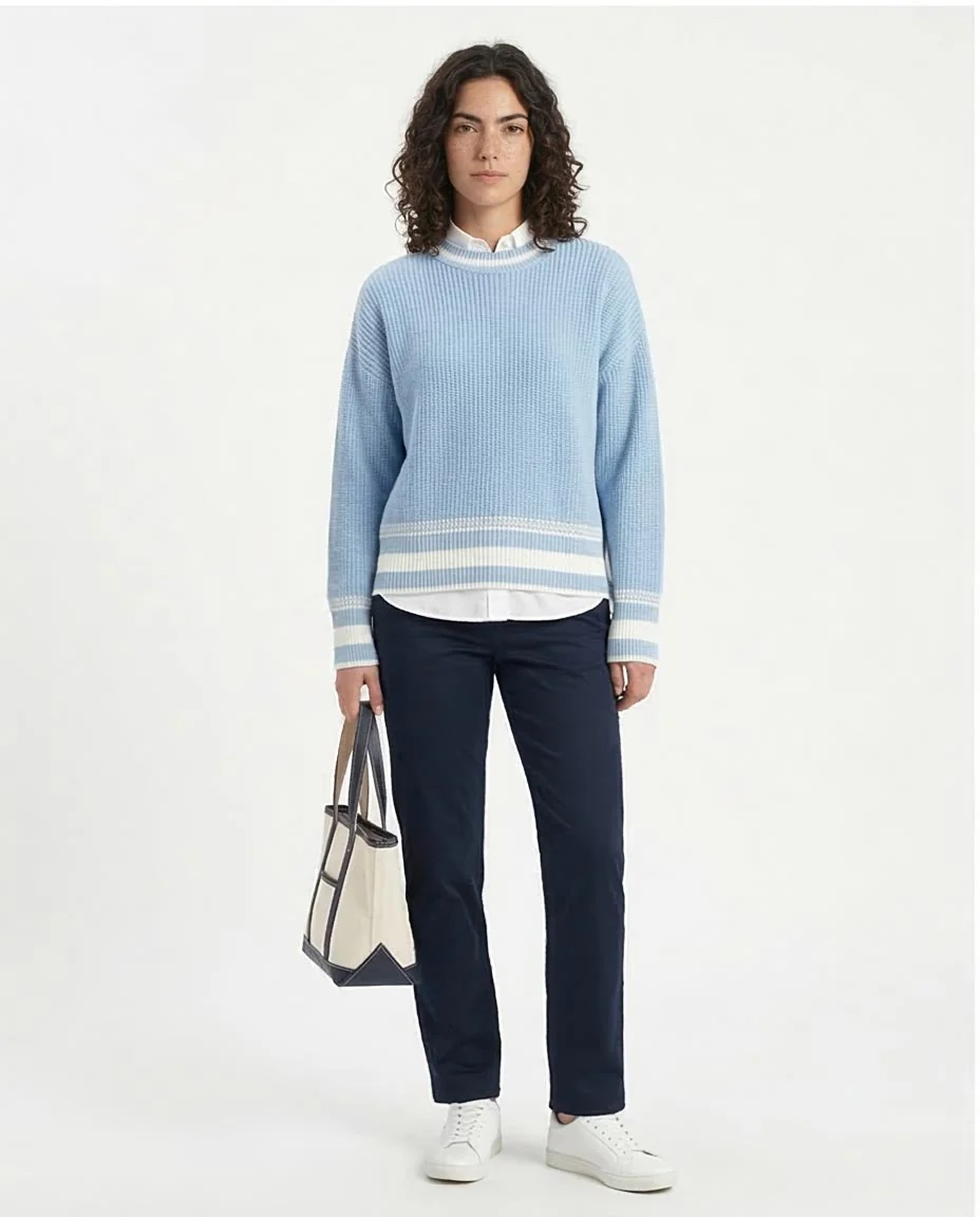 Ravin Women’s Relaxed Shaker-Stitch Knit Sweater with Contrast Tipping- Baby Blue - R213638 - Image 3