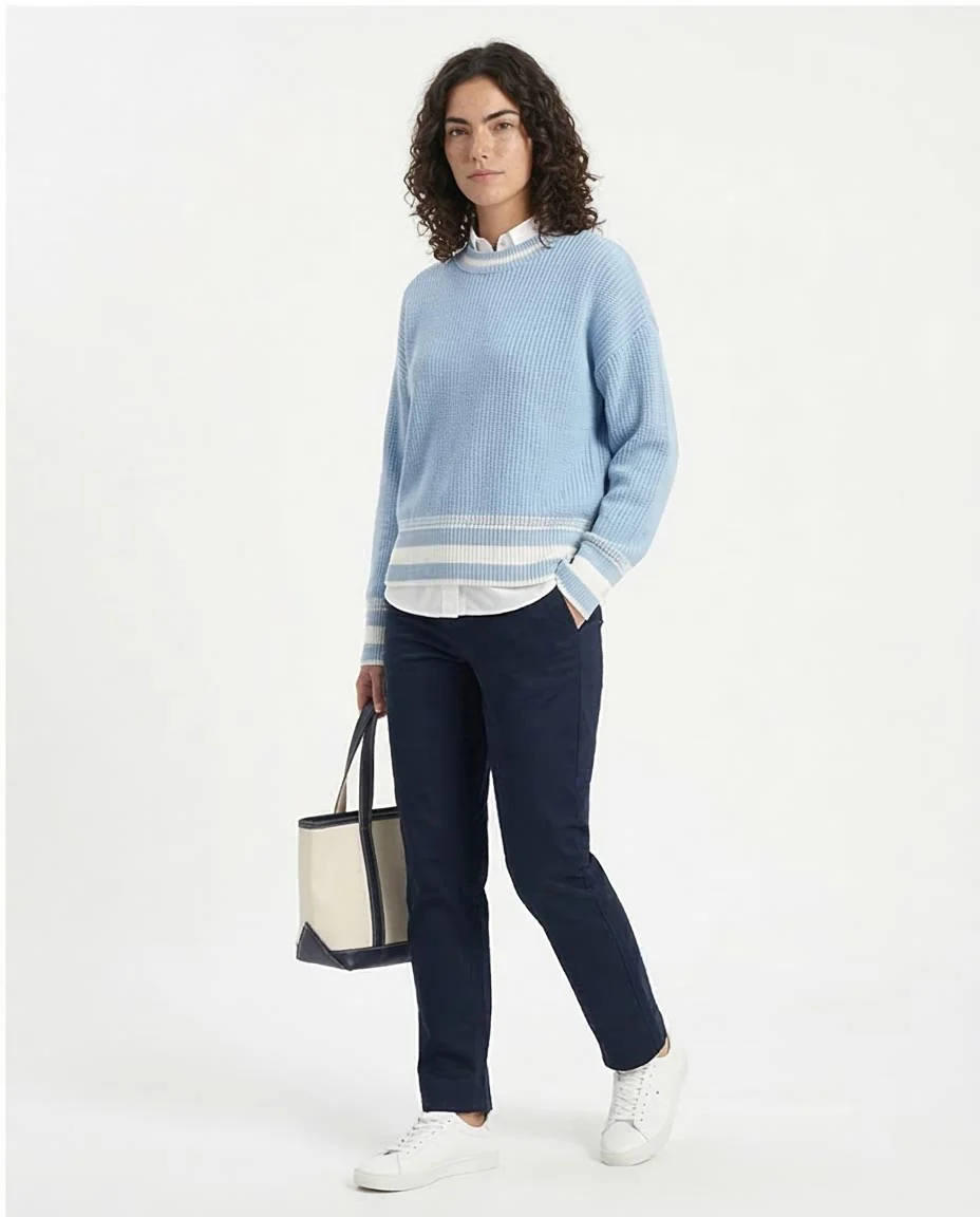 Ravin Women’s Relaxed Shaker-Stitch Knit Sweater with Contrast Tipping- Baby Blue - R213638 - Image 5