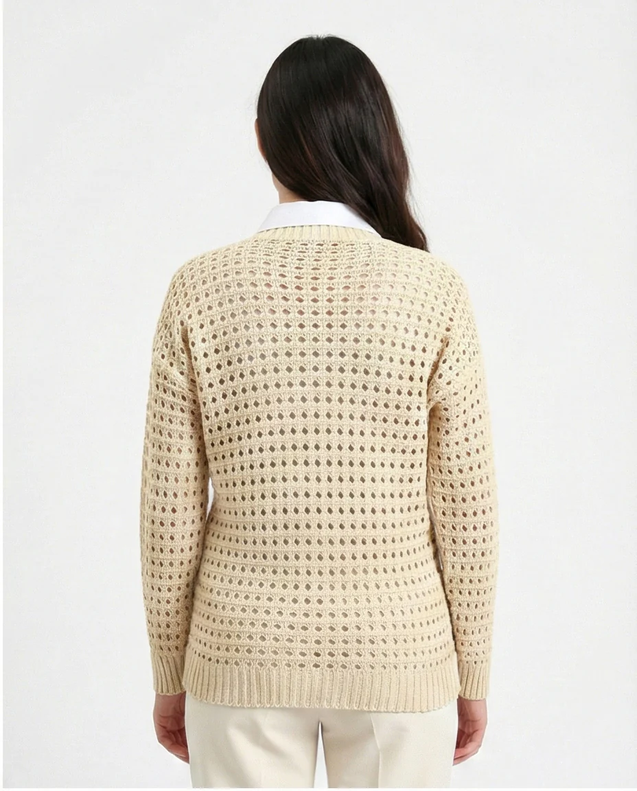 R213646 - Perforated Knit Buttoned Cardigan - Light Beige - Image 2