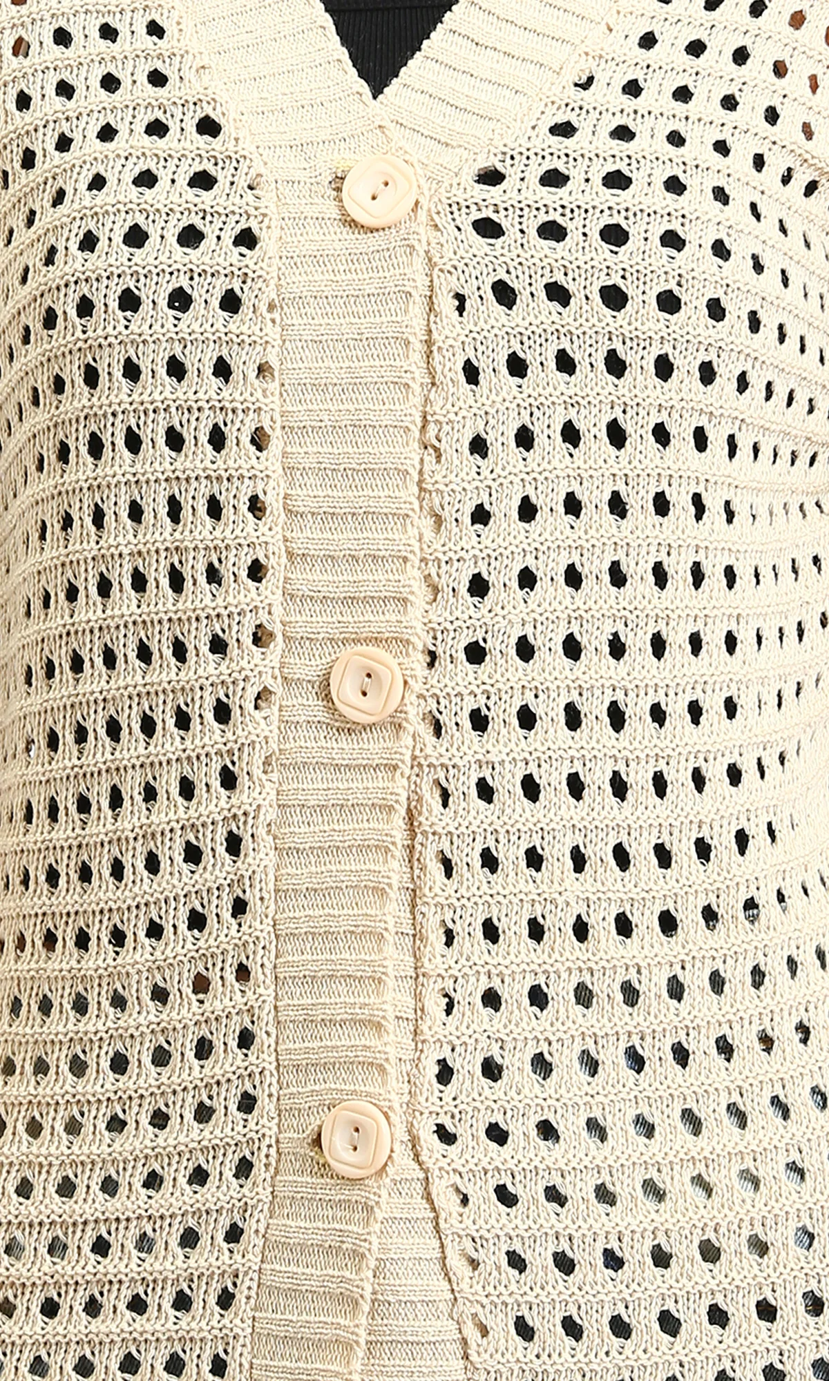 R213646 - Perforated Knit Buttoned Cardigan - Light Beige - Image 3