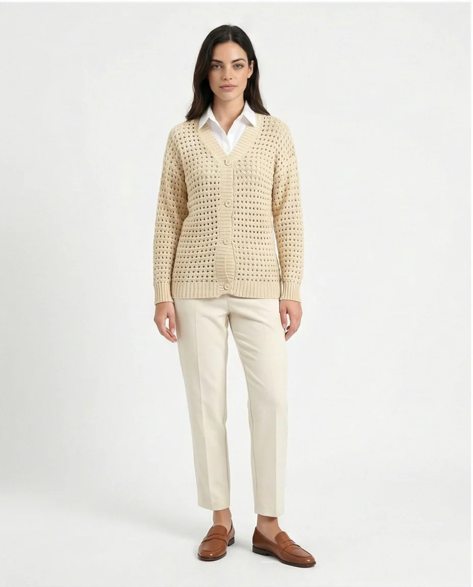 R213646 - Perforated Knit Buttoned Cardigan - Light Beige - Image 4