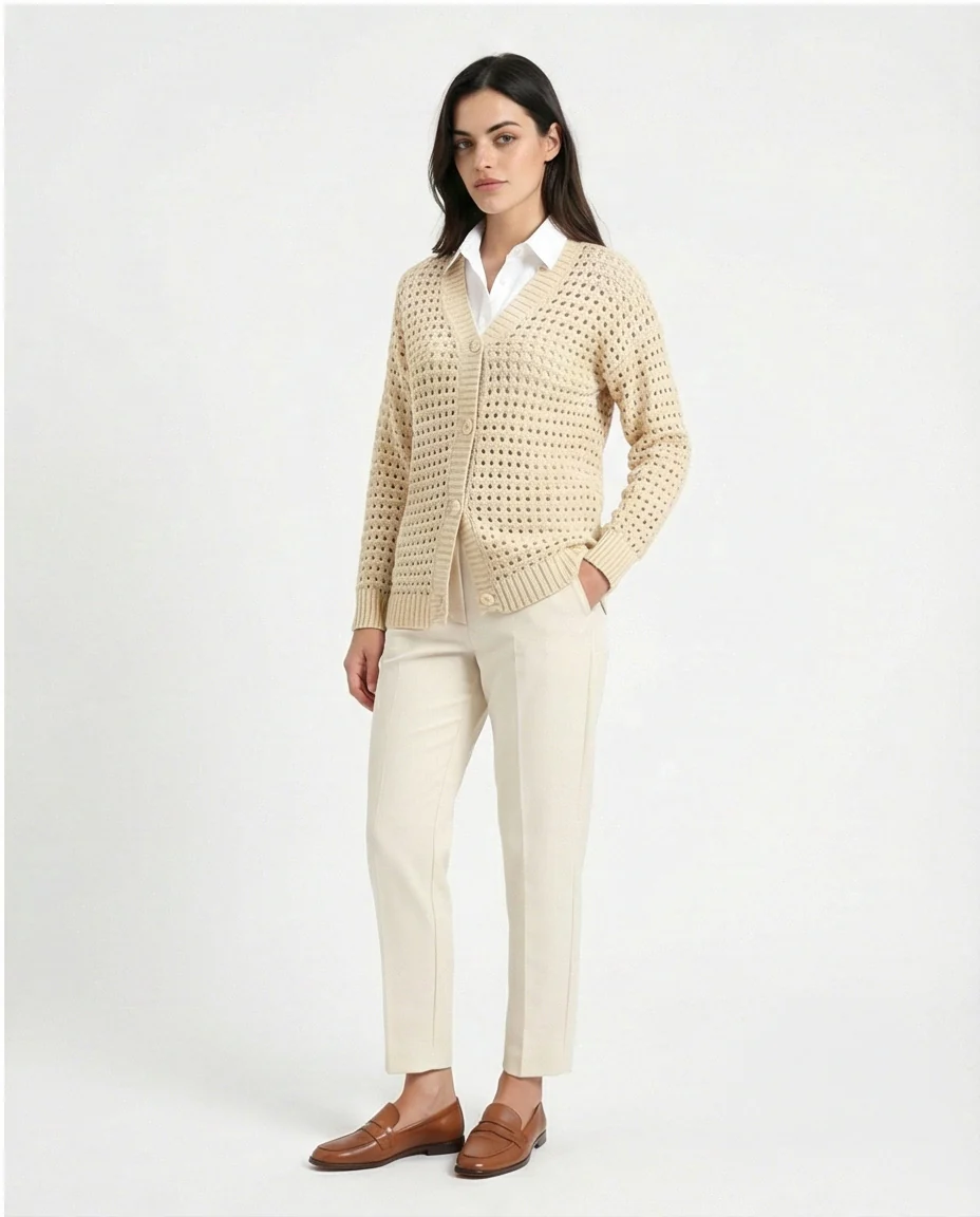 R213646 - Perforated Knit Buttoned Cardigan - Light Beige - Image 5