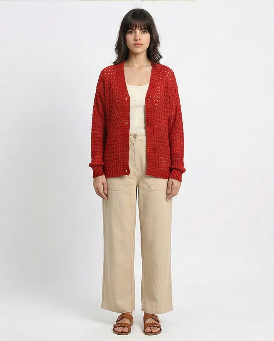 R213647 - Long Sleeves Buttoned Perforated Cardigan - Rust Red - Image 4