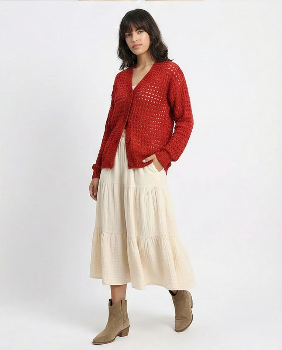 R213647 - Long Sleeves Buttoned Perforated Cardigan - Rust Red - Image 5