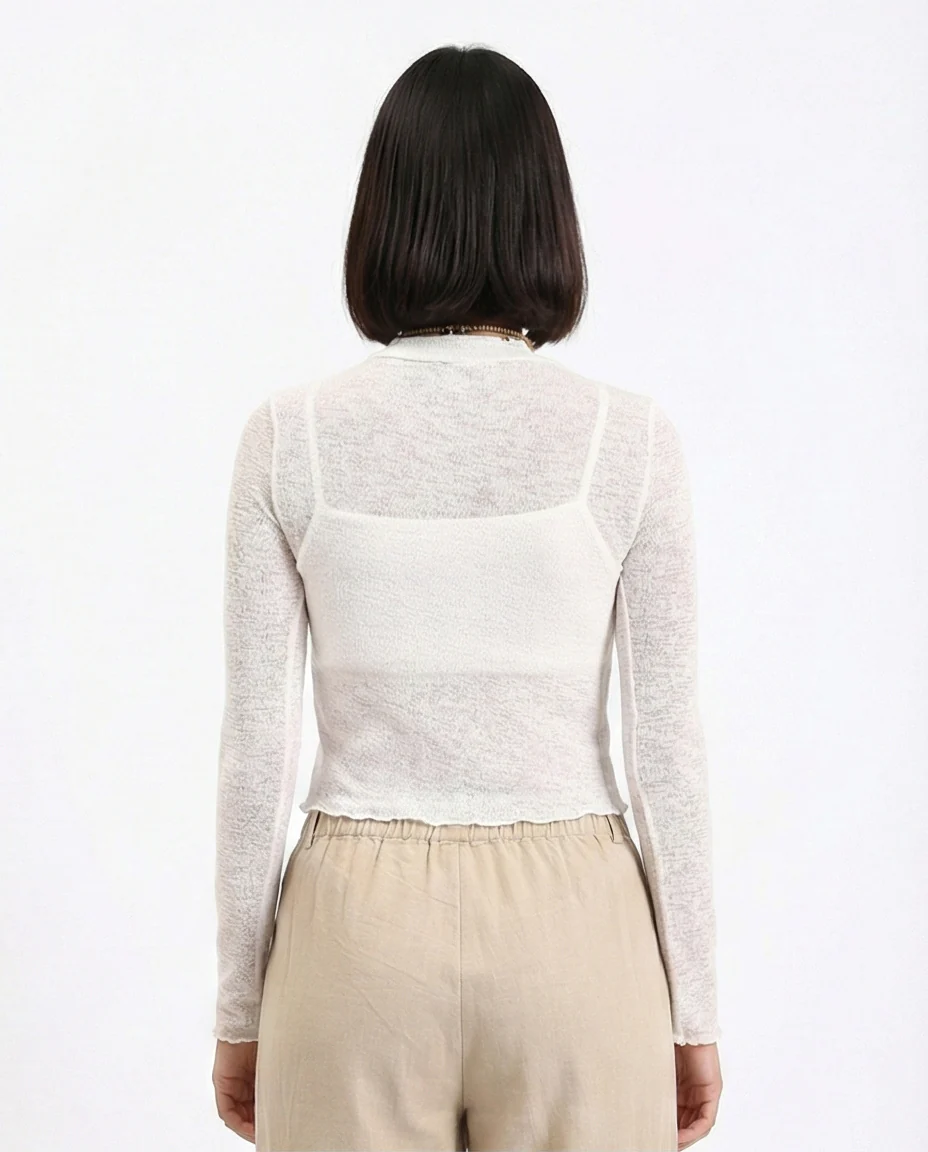 R213770 - Long Sleeves Mock Neck Sheer Top - Off-White - Image 2