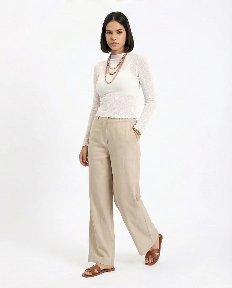 R213770 - Long Sleeves Mock Neck Sheer Top - Off-White - Image 5