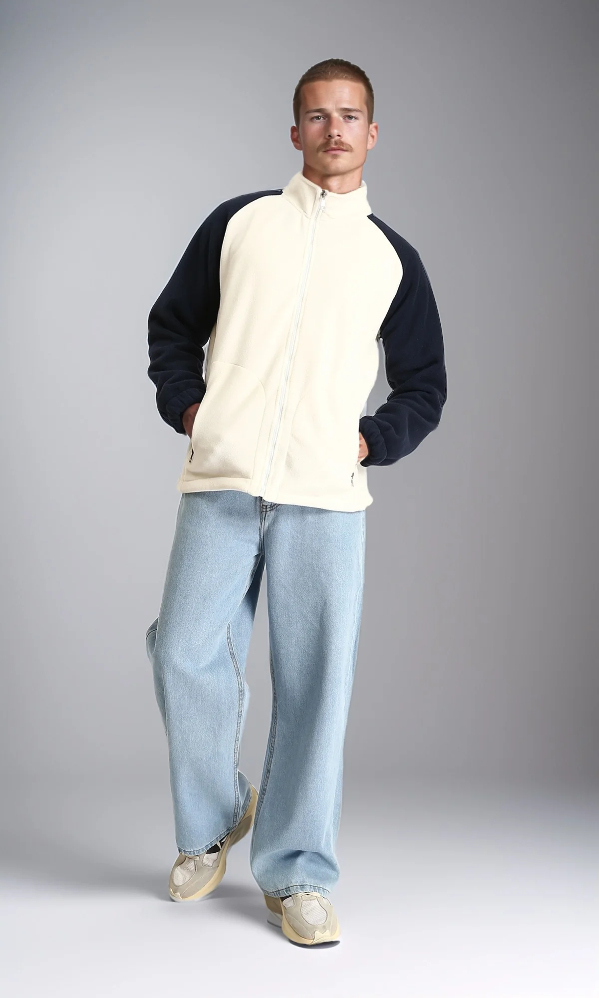 R214032 - Bi-Tone Long Sleeves Coziness Jacket - Off-White & Navy Blue - Image 4