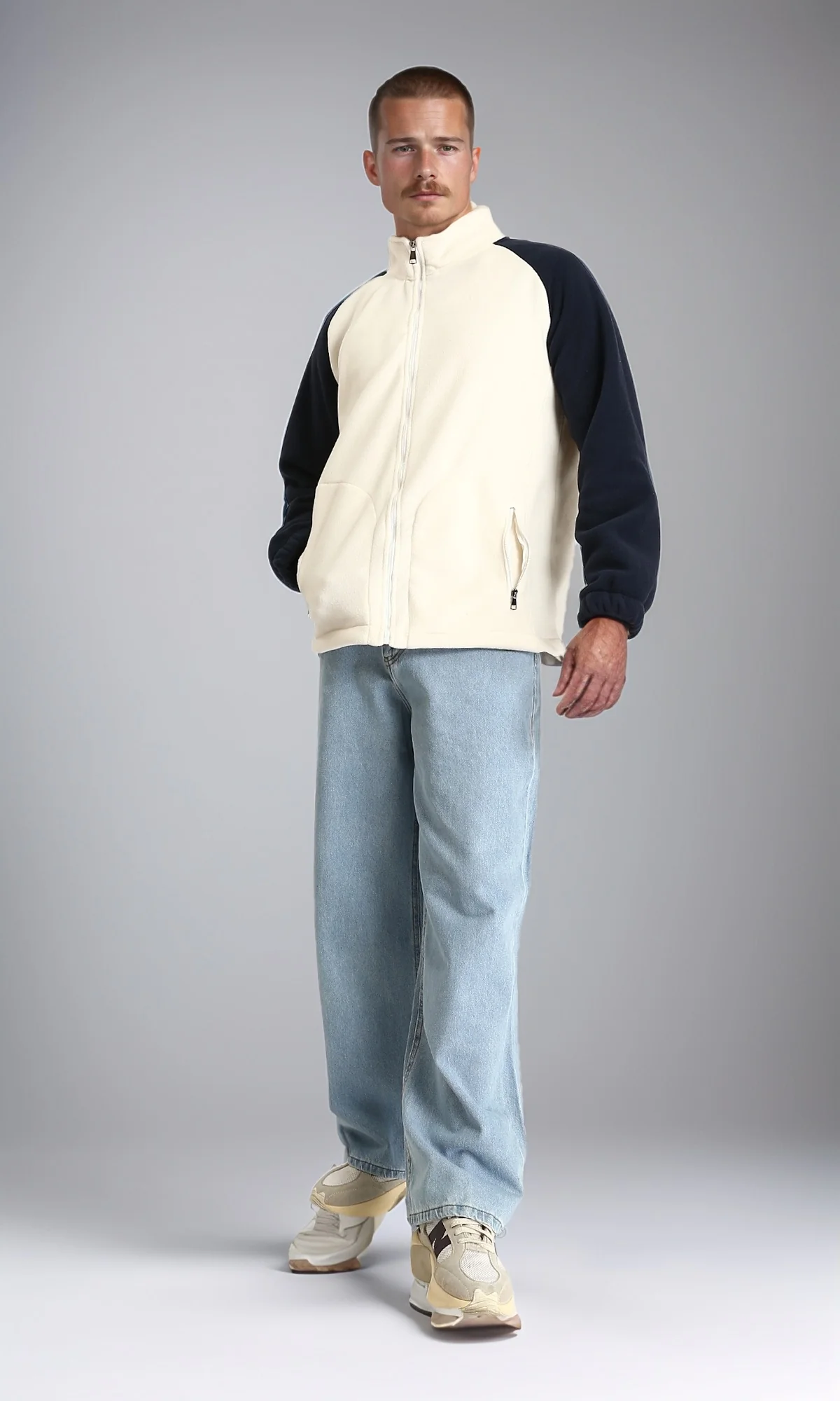 R214032 - Bi-Tone Long Sleeves Coziness Jacket - Off-White & Navy Blue - Image 5