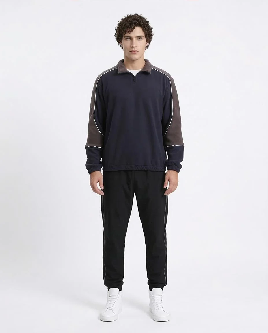 Ravin Men’s Paneled Colour-Block Fleece 1/4 Zip Pulloverr - Navy Blue & Brown - R214034 - Image 3