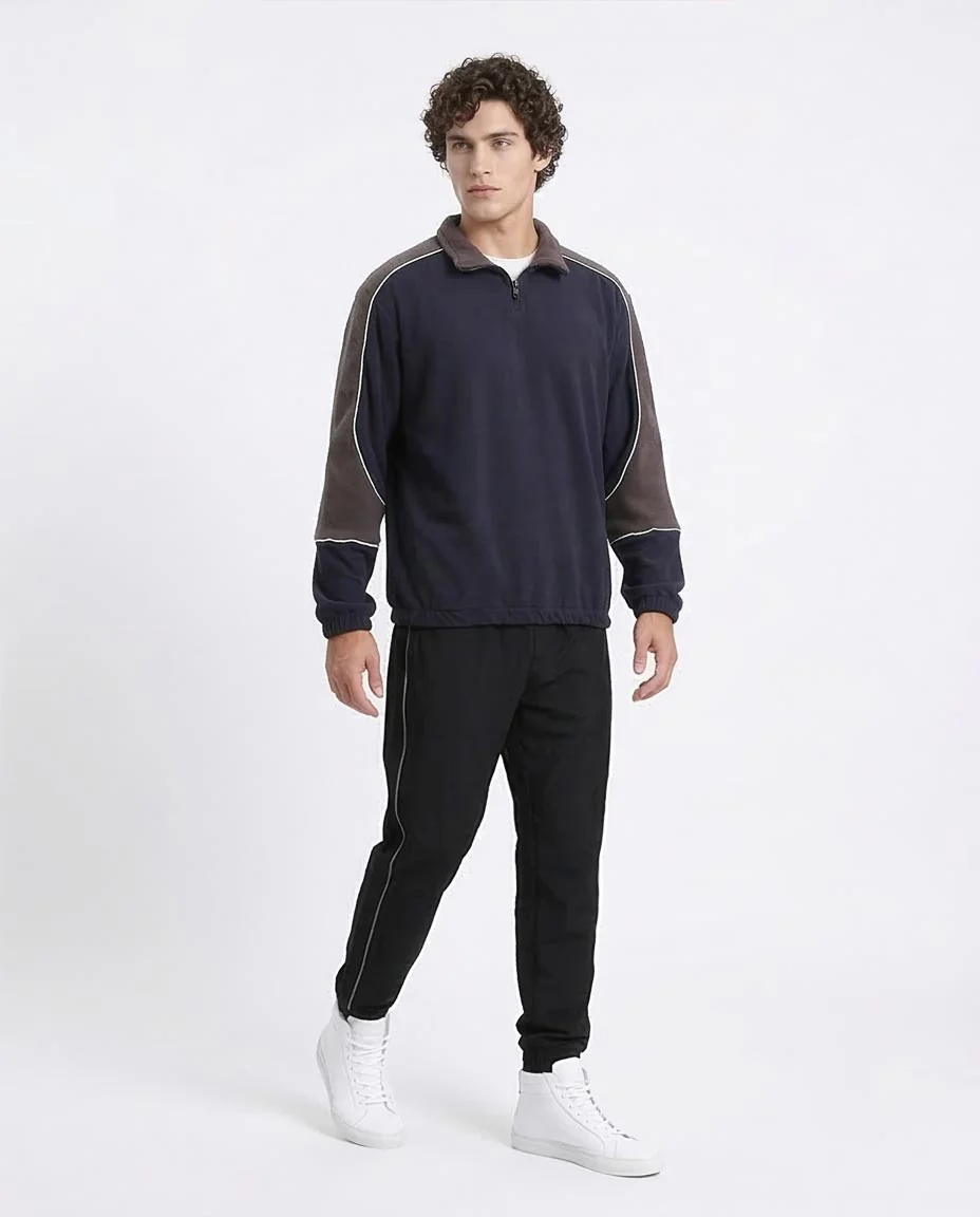 Ravin Men’s Paneled Colour-Block Fleece 1/4 Zip Pulloverr - Navy Blue & Brown - R214034 - Image 5