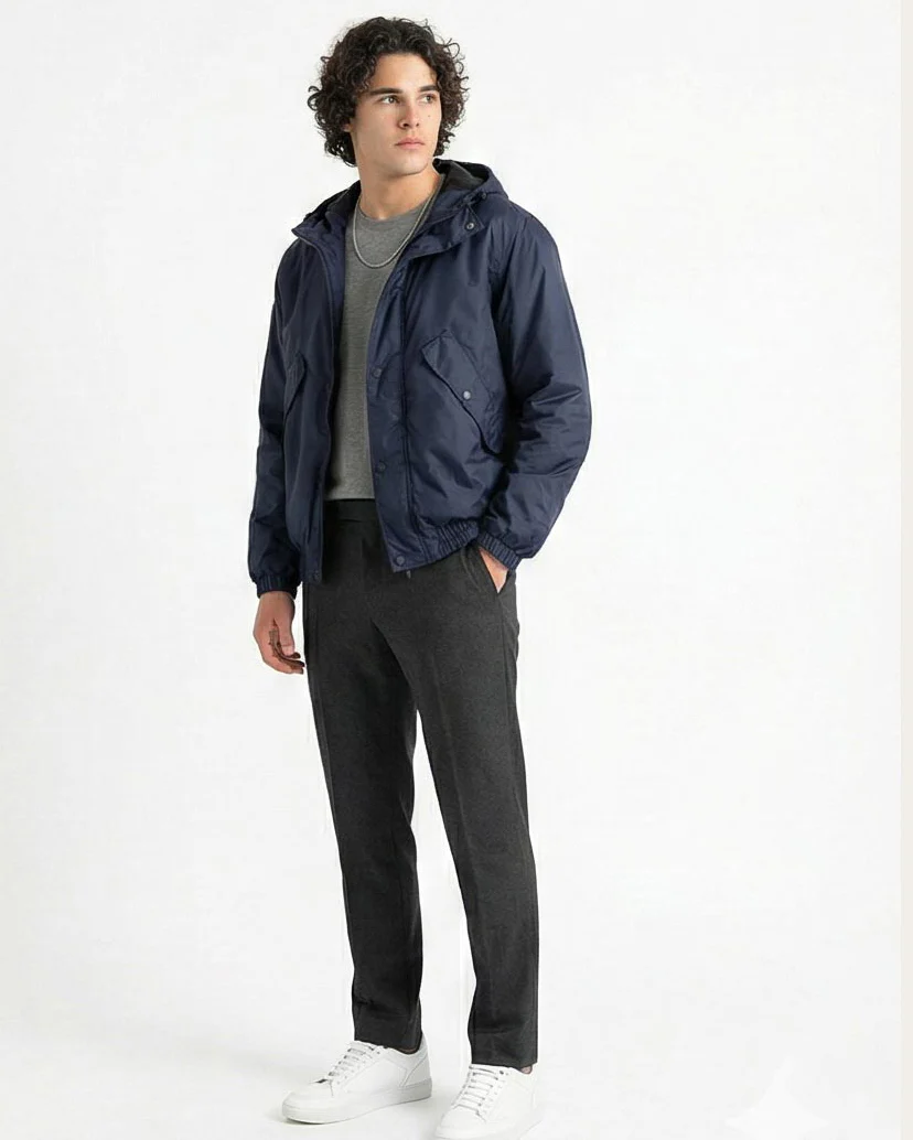 R214164 - Solid Bomber Jacket with Multi Pockets - Navy Blue - Image 5