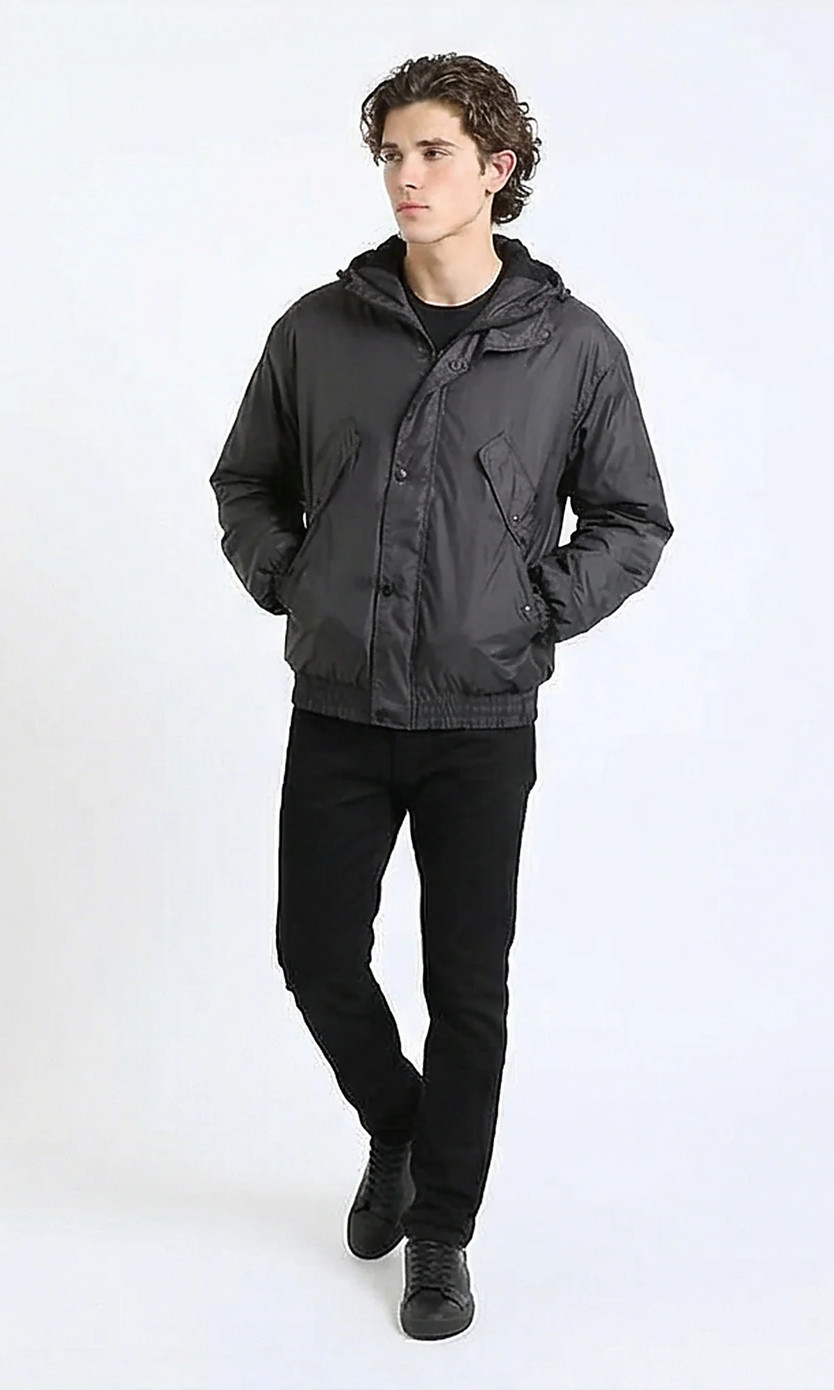 R214165 - Solid Waterproof Jacket with Elastic Hem - Charcoal Grey - Image 4