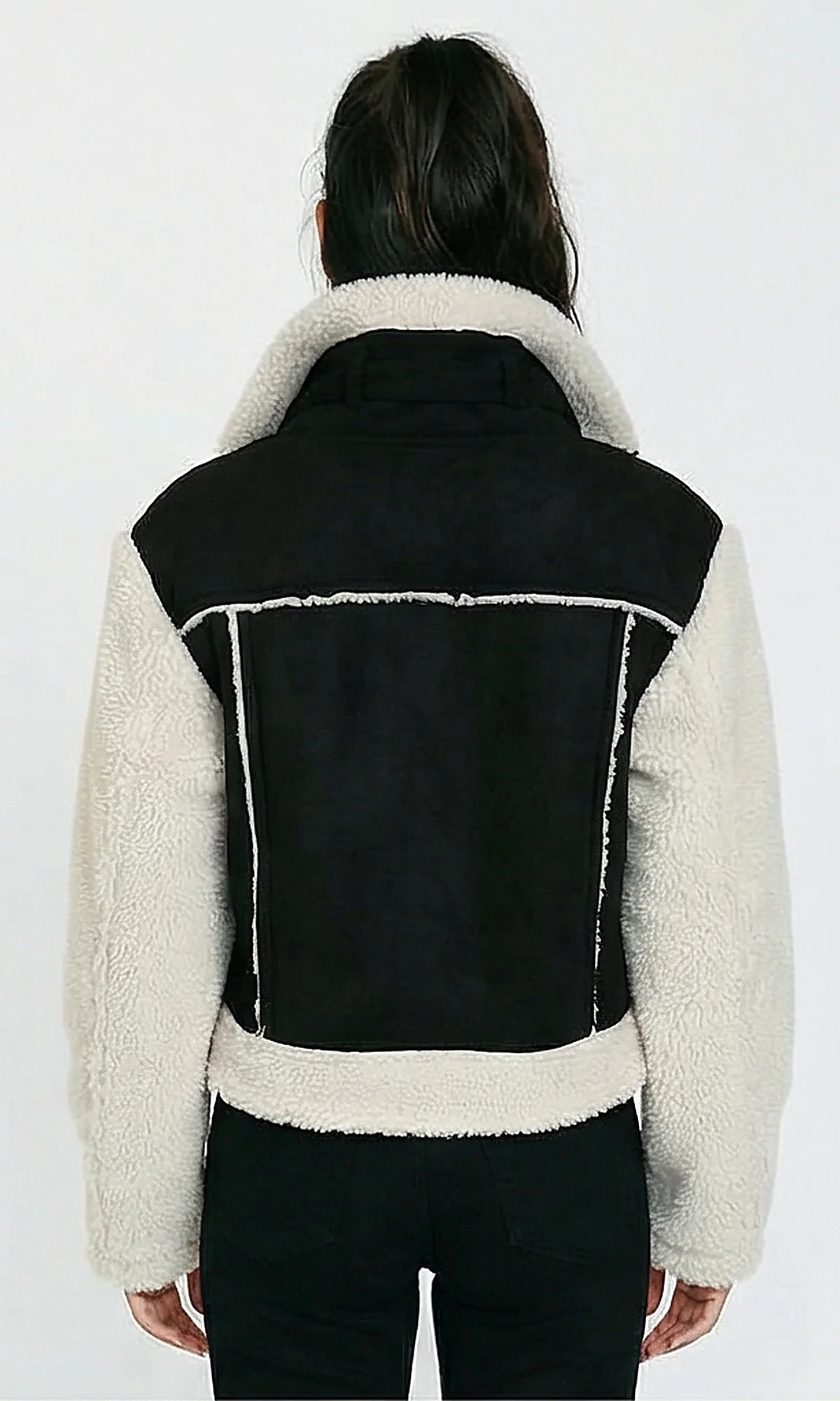 R214182 - Bi-Tone Suede Jacket with Wool Sleeves - Black & Off-White - Image 2